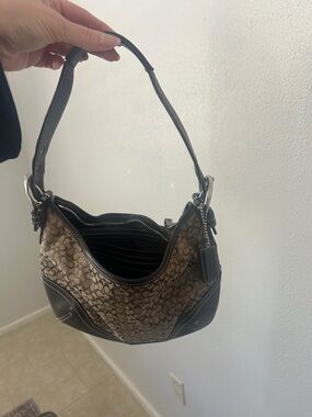 Coach Brown Signature Mini SoHo Canvas Shoulder Bag with Dark Leather Trim